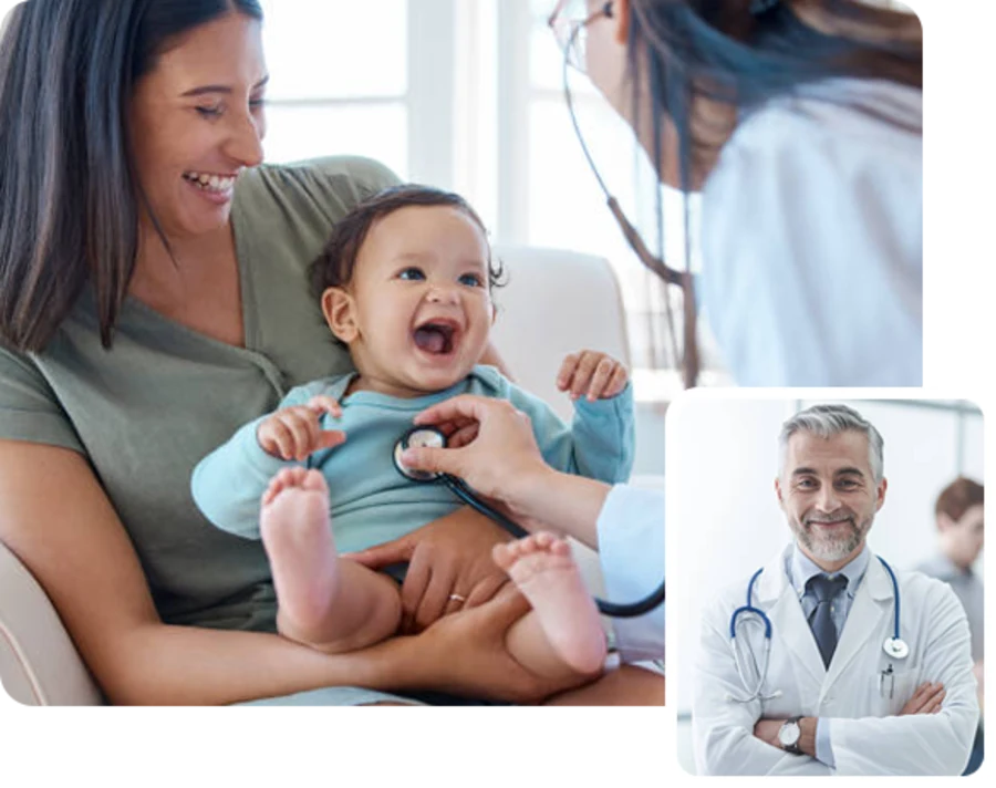 Mãe com o bebê no colo durante consulta pediátrica e um médico de jaleco branco